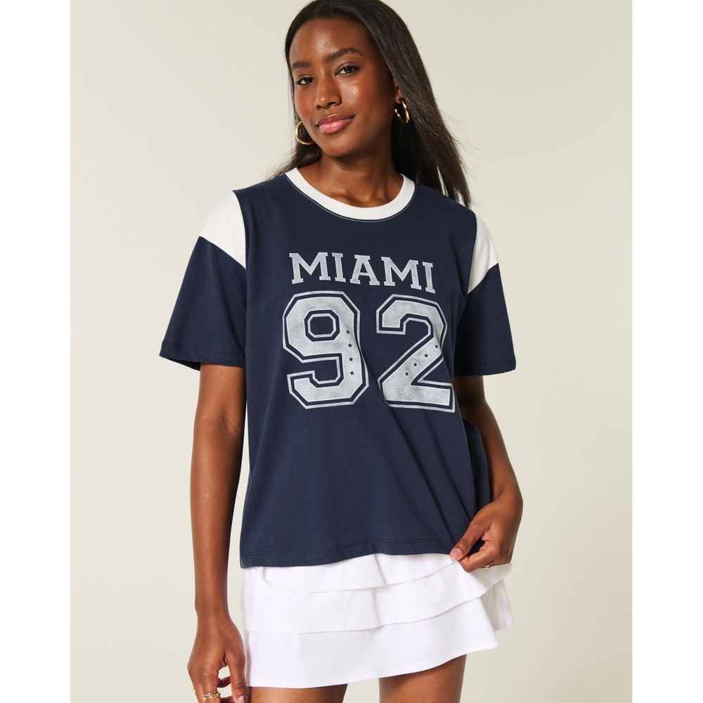 Hollister Miami 92 Graphic Ringer T-Shirt Navy Blue White XL Womens New
